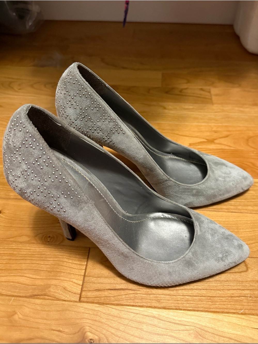 BCBGeneration - Gray Suede Pointed-Toe Heels with Stud Detail - 8.5M
